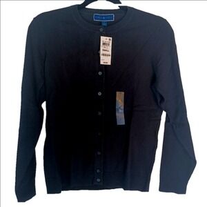Karen Scott Cardigan Women Small Black Fine Gauge Crew Neck Button Front NEW